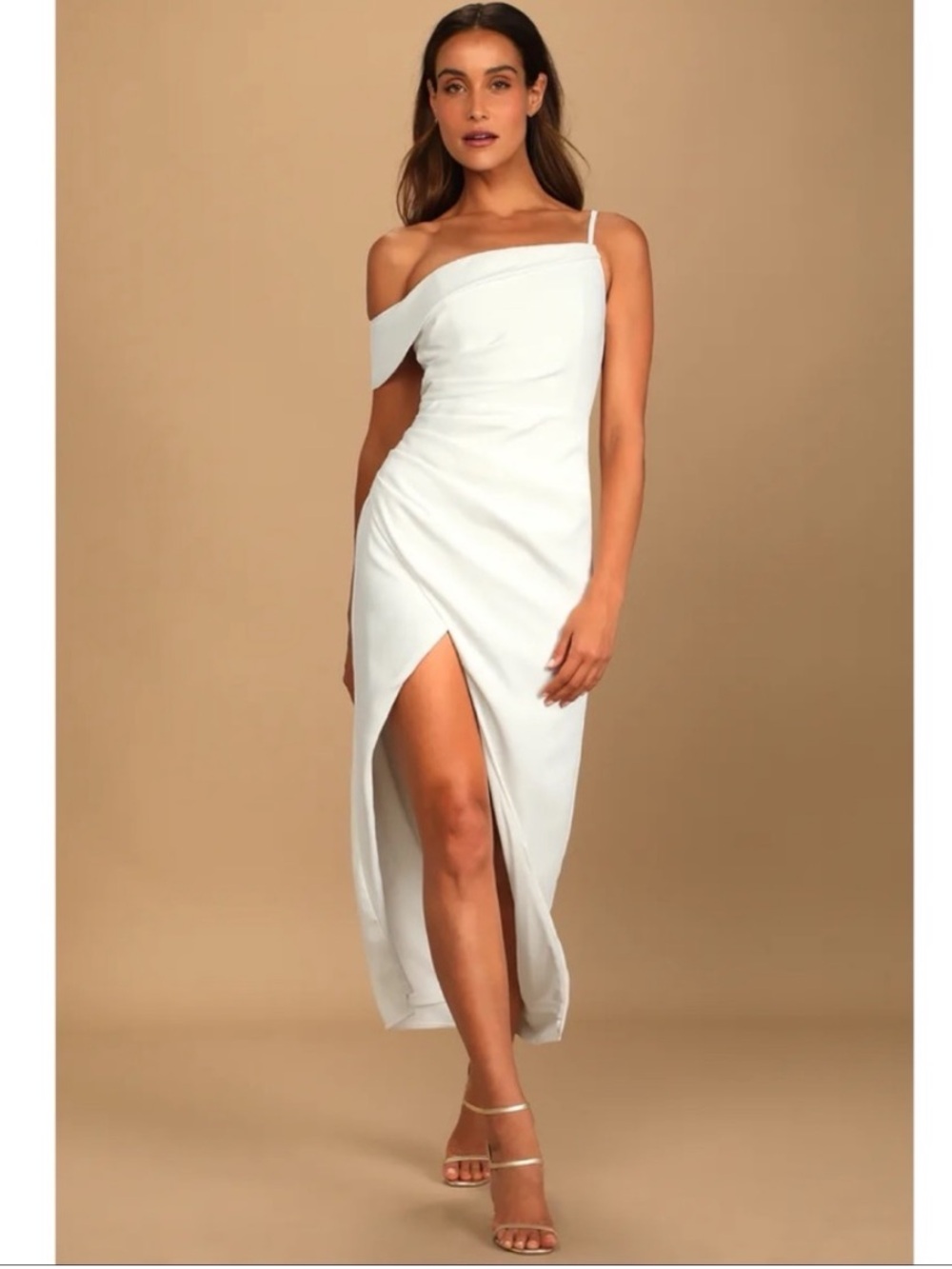 Lulu's White One Shoulder Side Pleated High Side Slit Dress Sz S NWT - Picture 1 of 16